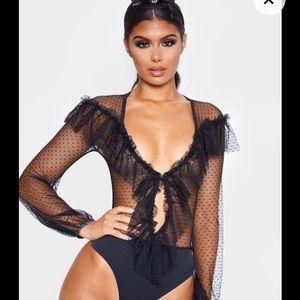 Black ruffle plunge mesh bodysuit
